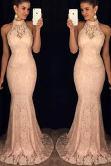Elegant Mermaid Halter Open Back Peach Lace Long Prom Dress Pg766 US12 / Peach