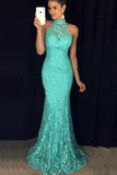 Elegant Mermaid Halter Open Back Peach Lace Long Prom Dresses PG766 - Pgmdress