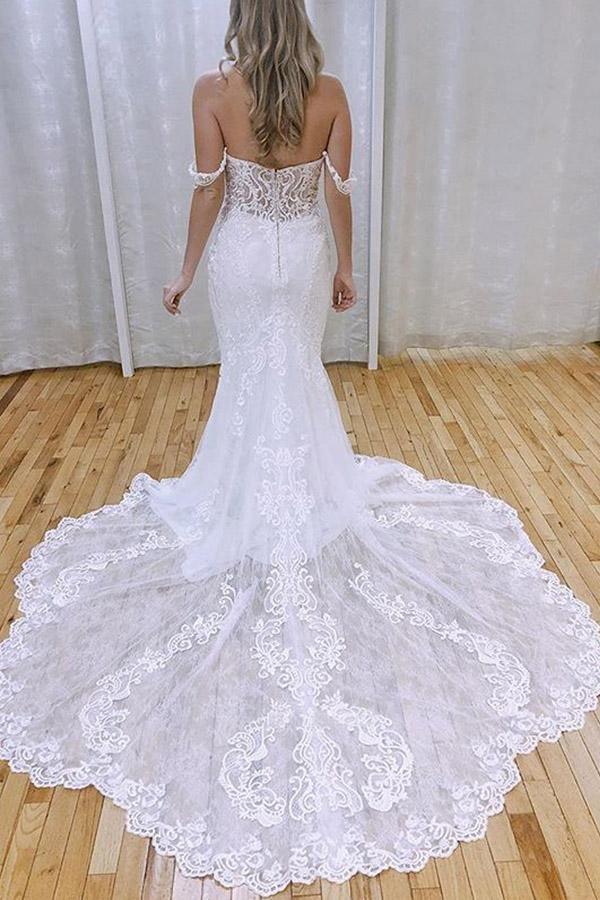 Elegant Mermaid Off the Shoulder Lace Wedding Dresses with Appliques WD527 - Pgmdress