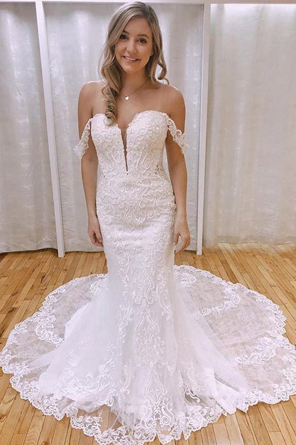 Elegant Mermaid Off the Shoulder Lace Wedding Dresses with Appliques WD527 - Pgmdress