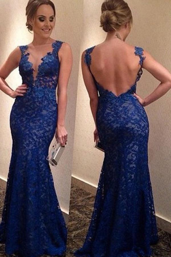 Elegant Mermaid Royal Blue Prom Dress Evening Gowns With Lace Appliques PG311 - Pgmdress