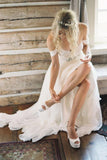 Elegant Off-shoulder Beading Sash Long Chiffon Wedding Dress WD109