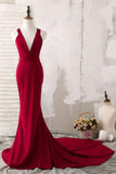 Elegant Red Mermaid Plunging V-Neck Prom Evening Dresses  PG493