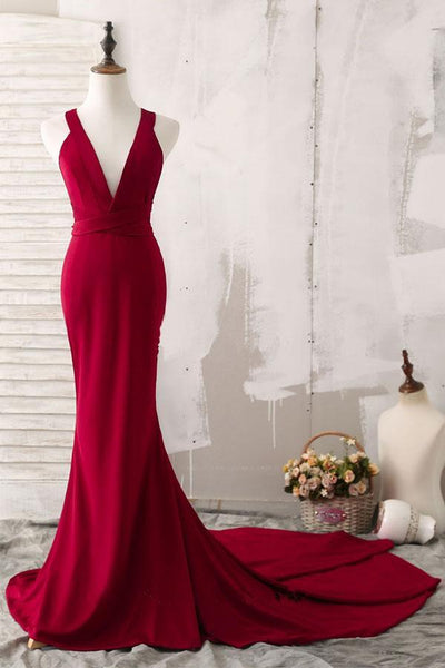 Elegant Red Mermaid Plunging V-Neck Prom Dresses Evening Dresses  Pgmdress