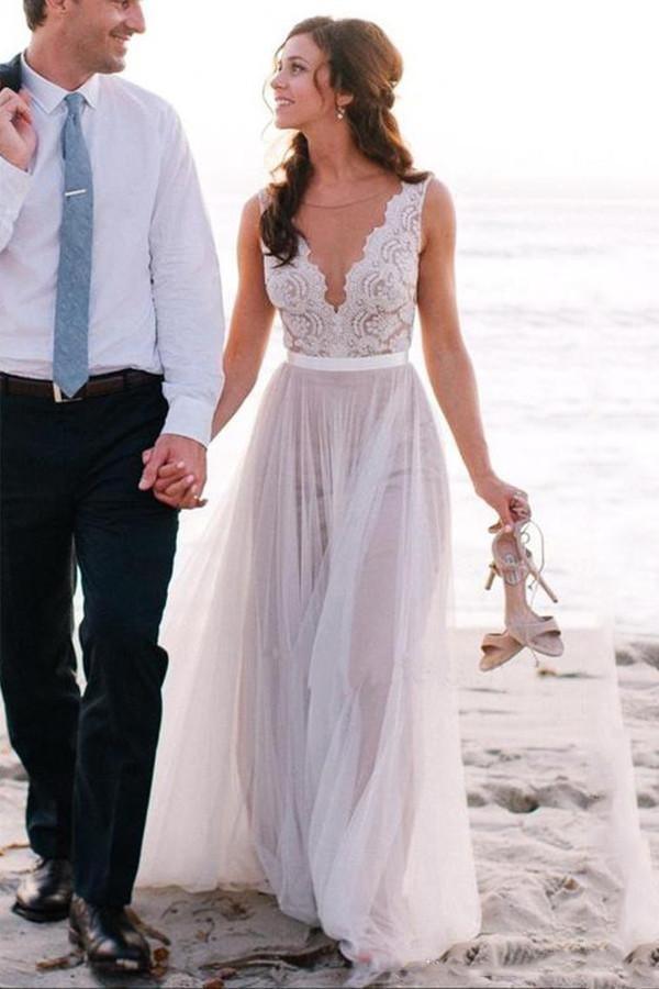 Elegant Scoop Neck Lace A Line Tulles Beach Wedding Dress WD034 - Pgmdress