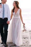 Elegant Scoop Neck Lace A Line Tulles Beach Wedding Dress WD034 - Pgmdress