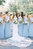 Elegant Sheath Halter Light Blue Satin Long Bridesmaid Dresses BD078 - Pgmdress