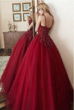 Elegant Straps Ball Gown Beaded Burgundy Long Prom Dress PSK180 - Pgmdress