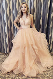 Elegant Straps Champagne Long Prom/Formal Dress with Ruffles PSK168