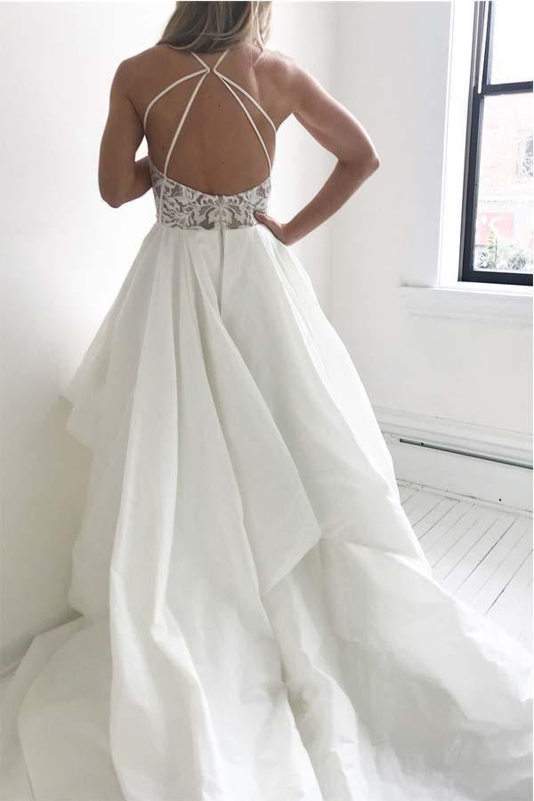 Elegant Straps Ivory Long Wedding Dress with Lace Top WD274 - Pgmdress