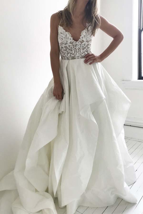 Elegant Straps Ivory Long Wedding Dress with Lace Top WD274 - Pgmdress