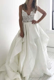Elegant Straps Ivory Long Wedding Dress with Lace Top WD274