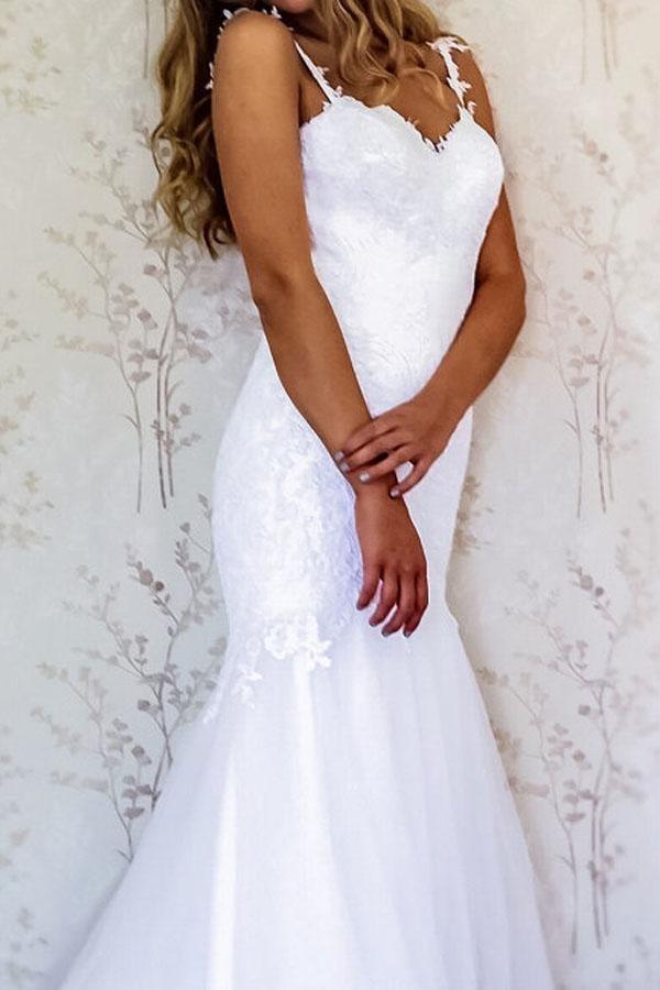 Elegant Straps Mermaid White Long Wedding Dress Bridal Gown WD209 - Pgmdress