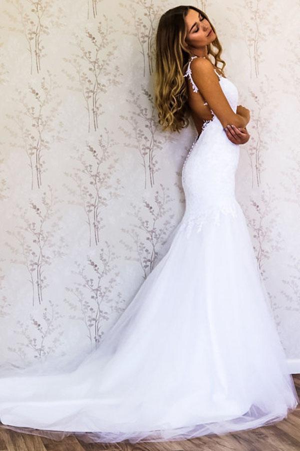 Elegant Straps Mermaid White Long Wedding Dress Bridal Gown WD209 - Pgmdress