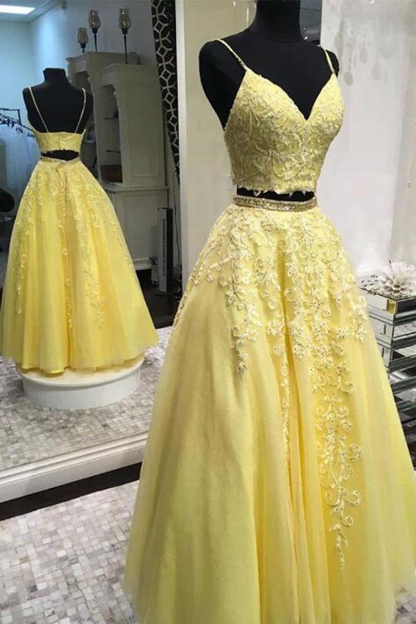 Elegant Straps Two Piece Yellow Long Lace Prom/Formal Dress PSK153 - Pgmdress