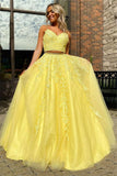 Elegant Straps Two Piece Yellow Long Lace Prom/Formal Dress PSK153 - Pgmdress