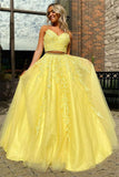 Elegantes, zweiteiliges, gelbes, langes Spitzen-Abschlussball-/formelles Kleid mit Trägern PSK153
