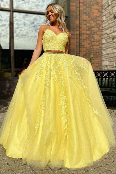 Elegant Straps Two Piece Lace Yellow Long Prom Dress PSK153 US16 / Custom Color Elegant Straps Two Piece Lace Yellow Long Prom Dress PSK153 US16 / Custom Color