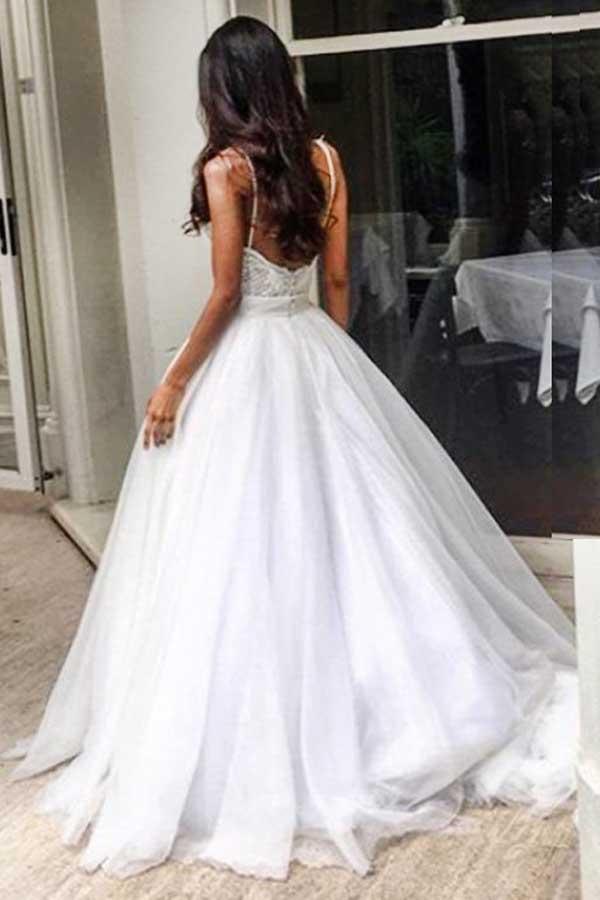 Elegant Sweep Train Backless Wedding Dress with Lace Top Spaghetti Straps WD271 - Pgmdress