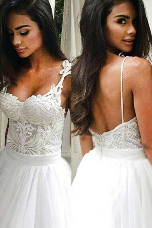 Elegant Sweep Train Backless Wedding Dress with Lace Top Spaghetti Straps WD271 - Pgmdress