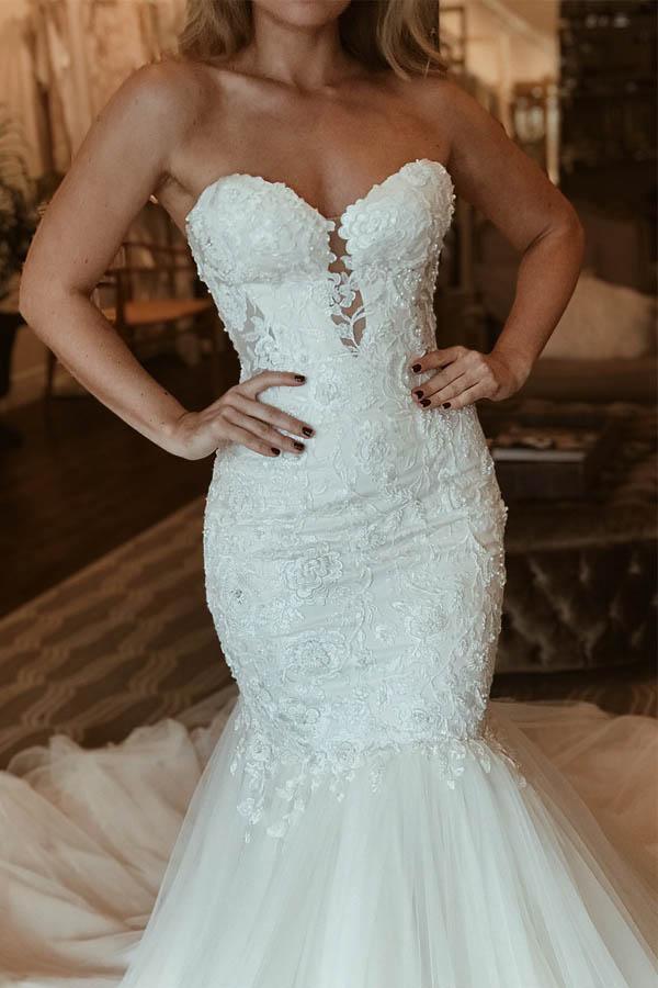 Elegant Sweetheart Mermaid Lace Long Wedding Dress with Beading US0 / White Elegant Sweetheart Mermaid Lace Long Wedding Dress with Beading US0 / White
