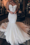 Elegantes, herzförmiges, langes Brautkleid aus Spitze im Meerjungfrau-Stil mit Perlenstickerei WD356