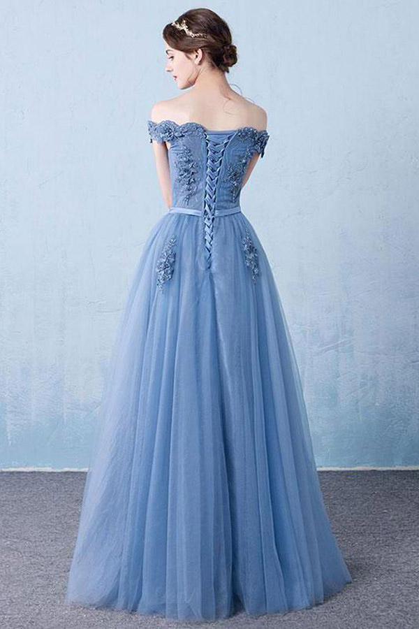 Elegant Tulle Lace Applique Long Prom Dress Blue Evening Dress PSK128 - Pgmdress