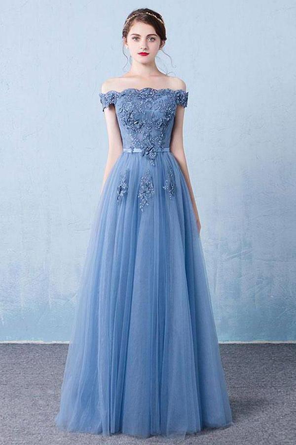 Elegant Tulle Lace Applique Long Prom Dress Blue Evening Dress PSK128 - Pgmdress