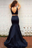 Elegant Two Piece Black Mermaid Sweep Train Prom Dress with Beading PG361