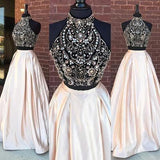 Elegant Two Pieces High Neck Beaded Long Prom Dresses PG513 - Pgmdress