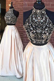 Elegant Two Pieces High Neck Beaded Long Prom Dresses PG513
