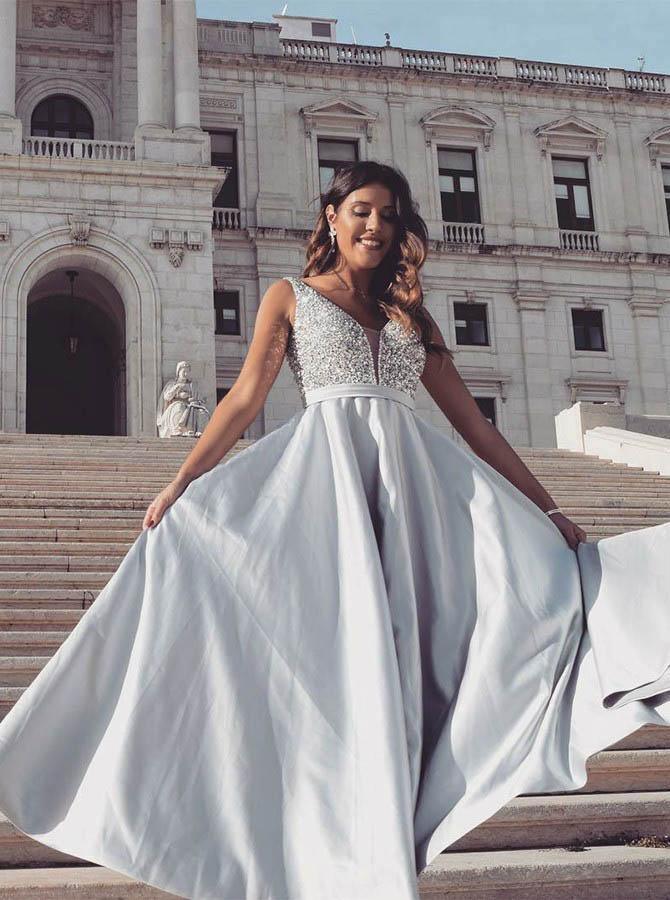 Elegant V Neck Beading Satin Sleeveless Grey Prom Dress PSK150 US0 / Gray Elegant V Neck Beading Satin Sleeveless Grey Prom Dress PSK150 US0 / Gray