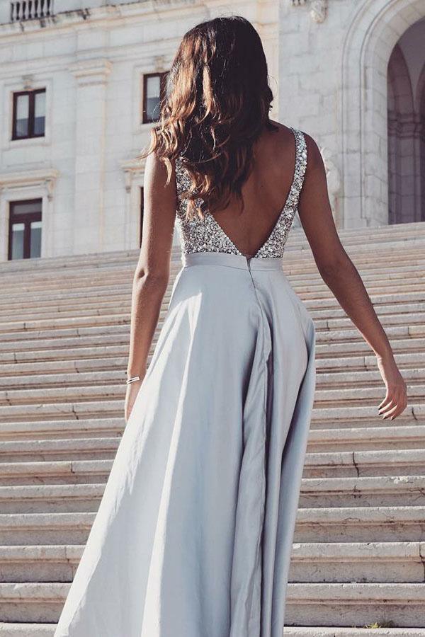 Elegant V Neck Beading Satin Sleeveless Grey Prom Dress PSK150 US0 / Gray Elegant V Neck Beading Satin Sleeveless Grey Prom Dress PSK150 US0 / Gray