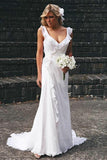 Elegantes, ärmelloses Brautkleid mit V-Ausschnitt, Chiffon und Rüschen, Brautkleider WD142 