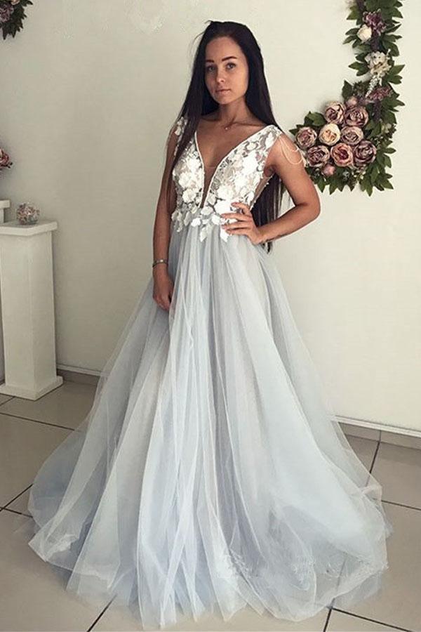 Elegant V-Neck Sleeveless Evening Dresses Lace Appliques Tulle Prom Dress PG813 - Pgmdress