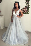 Elegant V-Neck Sleeveless Evening Dresses Lace Appliques Tulle Prom Dress PG813