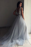 Elegant V-Neck Sleeveless Evening Dresses Lace Appliques Tulle Prom Dress PG813 - Pgmdress