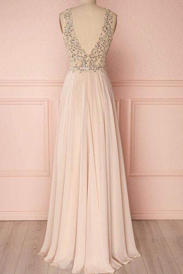 Elegant V-neck Sleeveless Pink Backless Prom Evening Dress with Sequins PM217 - Pgmdress