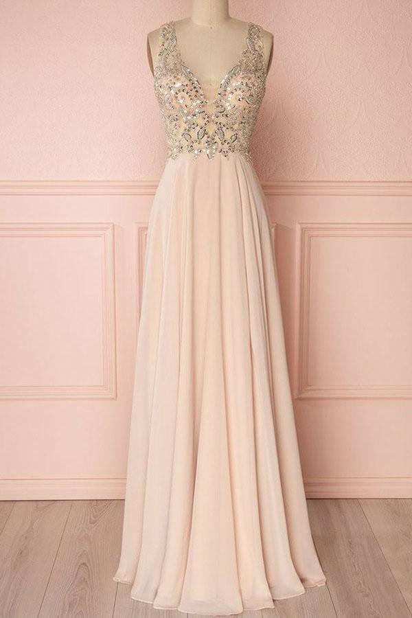 Elegant V-neck Sleeveless Pink Backless Prom Evening Dress with Sequins PM217 - Pgmdress