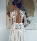 Embroidery A-line Chic Open Back Long Sleeve Sparkly Prom Dress PSK001 - Pgmdress