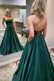 Emerald Green Long Prom Dress A-line Simple Satin Evening Dress  PSK215