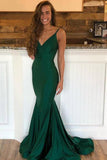 Emerald Green V Neck Mermaid Prom Dresses with Sweep Train PSK112