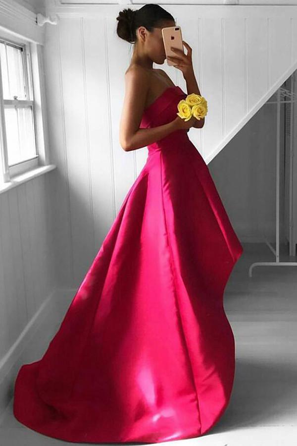 fuchsia pleated dress Leely Women Metallic Fuchsia Long Prom Dress With Slit A Line Spaghetti Straps Pleated Formal Dress