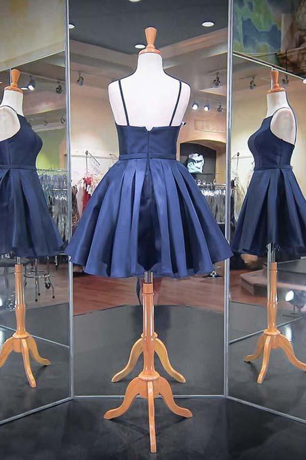 Fashion 2018 Navy Blue Spaghetti Straps Satin Homecoming Dresses PD040 - Pgmdress
