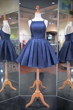 Fashion 2023 Navy Blue Spaghetti Straps Satin Homecoming Dresses PD040