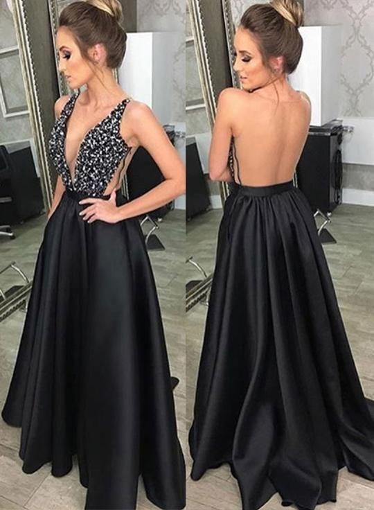 Fashion Deep V Neck Black Satin Long Prom Dresses with Pockets PG867 - Pgmdress