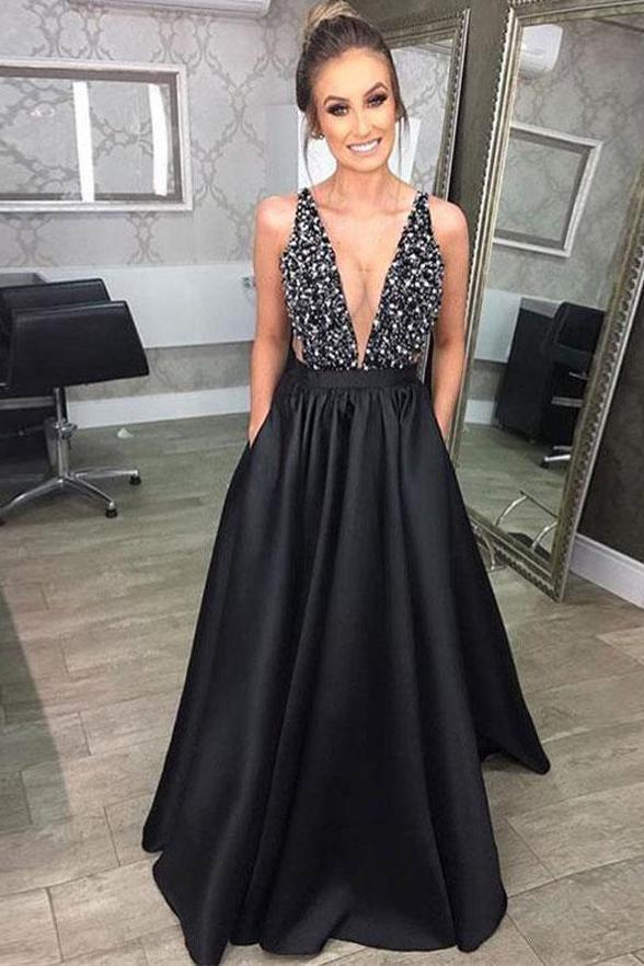 Fashion Deep V Neck Black Satin Long Prom Dresses with Pockets PG867 - Pgmdress