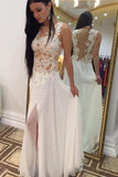 Floor-Length Chiffon Sleeveless Beaded Appliques White Prom Dress PG400