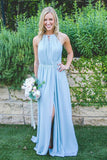 Bodenlanges, ärmelloses Brautjungfernkleid aus blauem Chiffon mit hohem Schlitz BD038