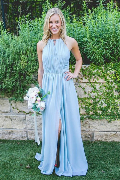 fitted lace wedding dress BABARONI Spaghetti Straps A-Line Maxi Bridesmaid Dresses with Slit Dusty Blue, Dusty Blue / US0 main image 0